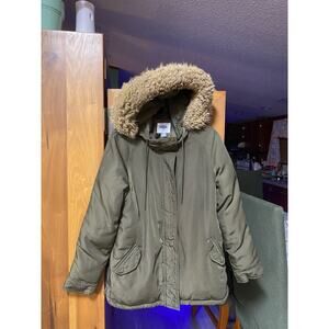 Old Navy Coat Womens Green Parka Fur Hooded Padded Zip Thermal Insulated Size XS